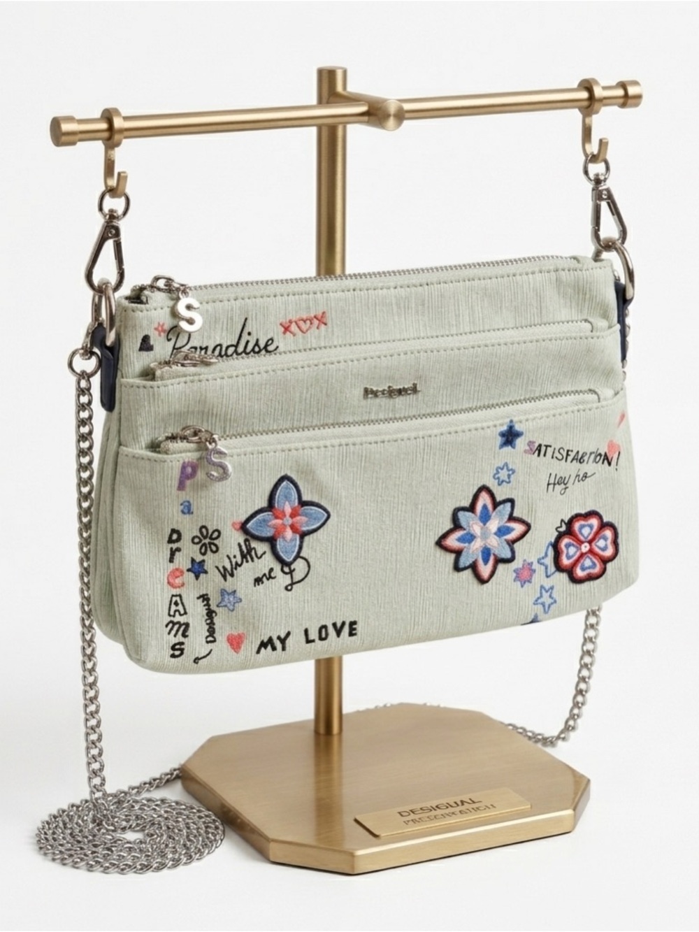 Desigual Light Green Floral Embroidered Chain Crossbody Bag